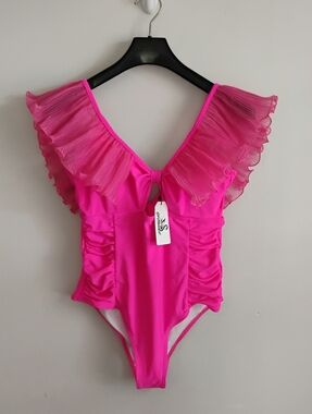 Sportlike New Halter One Piece Hot Pink Ruffle Swimsuit Medium